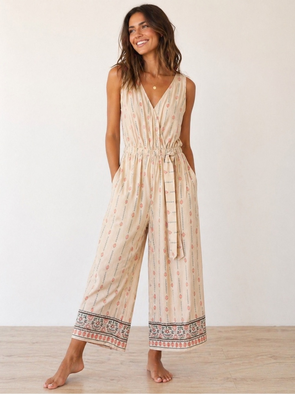 Kaari Blue Boho Wide Leg Jumpsuit Medium Pink Floral Palazzo Pants Pockets
